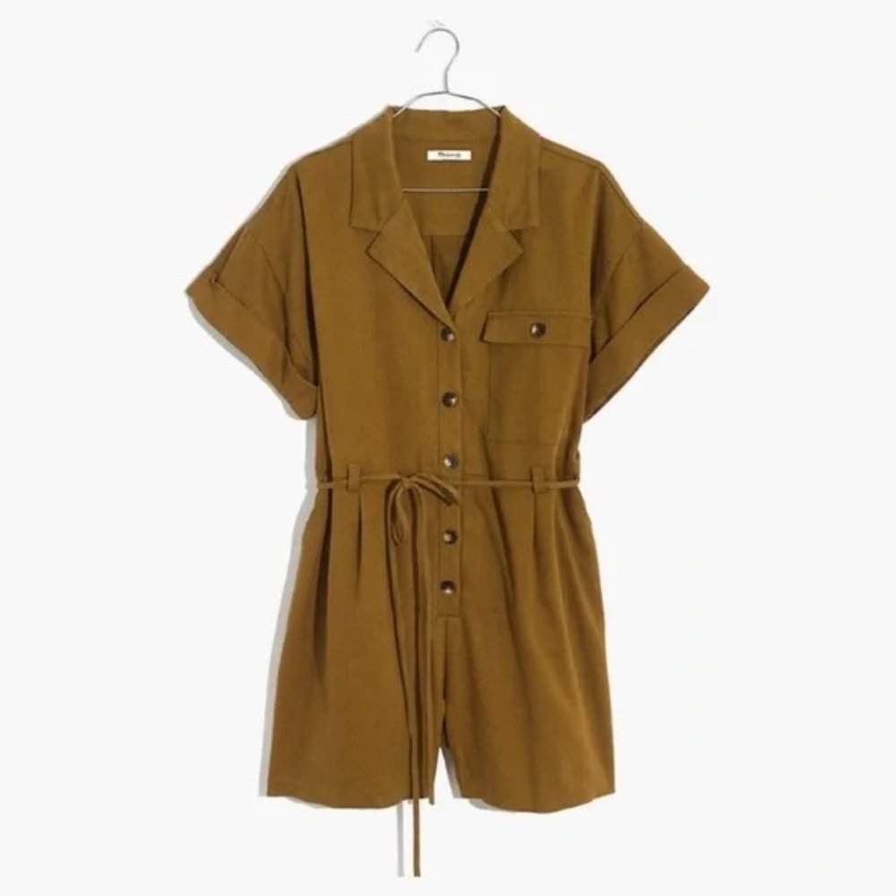 Madewell Belted Safari Romper in Distant Olive Coverall Shorts S